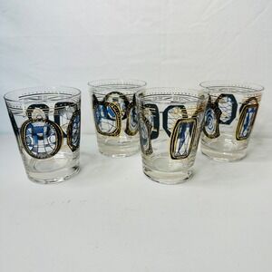 MCM Set of 4 Harry Sternberg signed Lowball Glasses with a gilt and black print